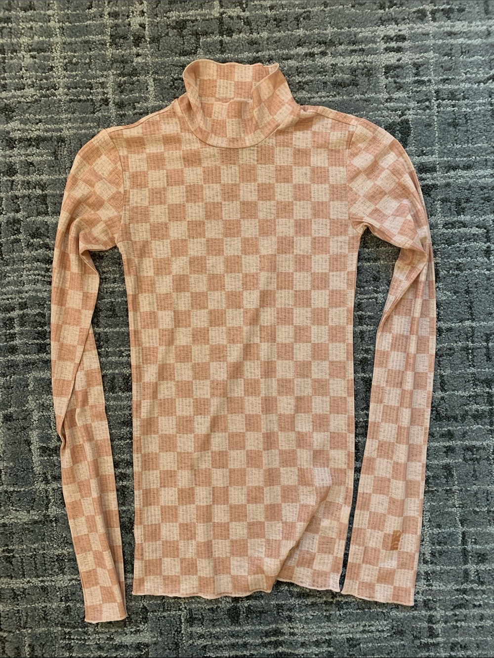 P.E Nation Pink and Cream Checkerboard Mock Neck Long Sleeve
